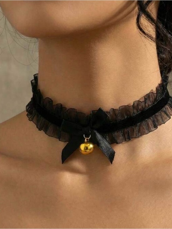 Jewelry - Black Ruffle Choker with Gold Bell